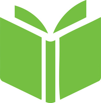 Stylized green open book icon symbolizing knowledge and learning isolated on a transparent background