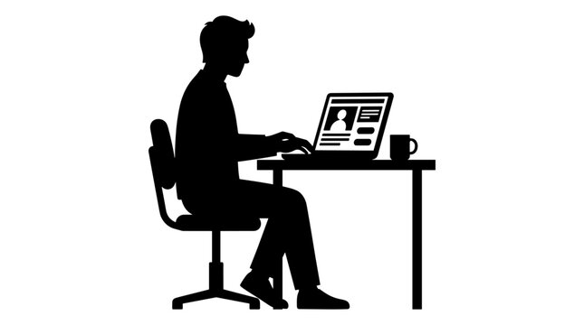 Silhouette vector of a person relaxing in an office chair using a mobile device and computer monitor