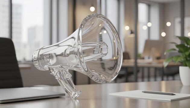 Transparent megaphone display in a modern office environment showcasing communication and teamwork concepts