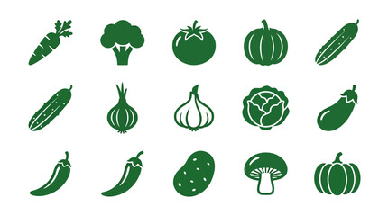 Fototapeta premium Premium flat minimal vector icon set of 12 mixed vegetables in single color style: carrot, broccoli, tomato, cucumber, onion, garlic, cabbage, eggplant, chili pepper, potato, mushroom, pumpkin.