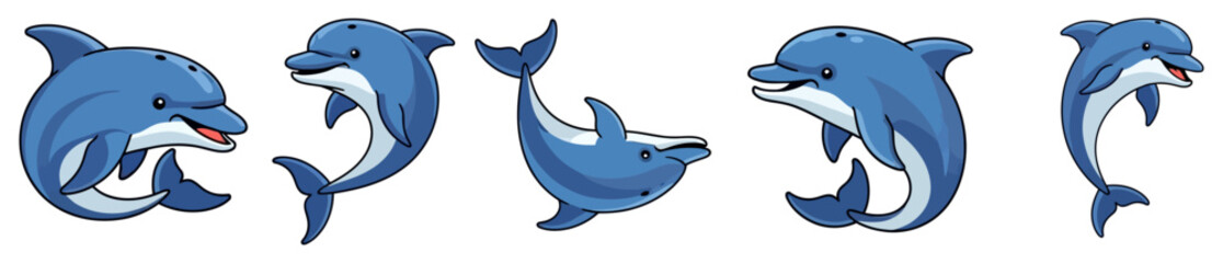 Naklejka premium Cartoon dolphins in various swimming poses