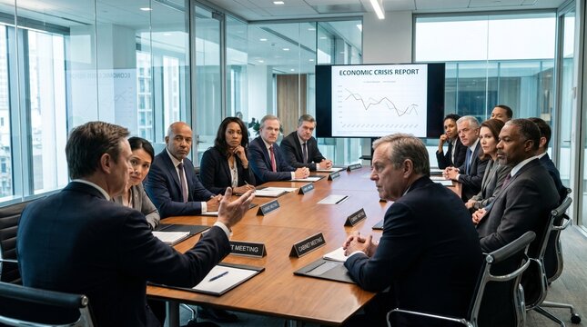 A group of diverse business professionals engaged in a serious discussion around a large conference table in a modern office, with an economic report displayed on a screen.