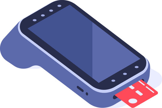 Isometric illustration of a POS terminal with a credit card inserted, enabling cashless transactions