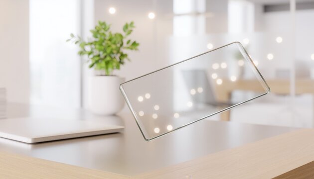 Transparent glass tablet levitating above a sleek modern desk in a bright and airy office environment, ideal for tech designs