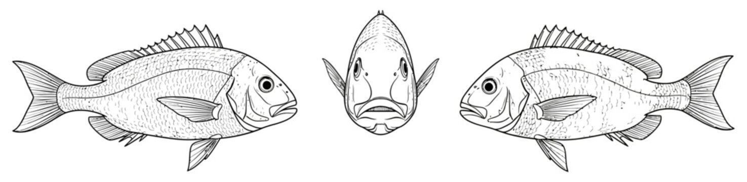 Vintage engraving of black seabream fish in three views