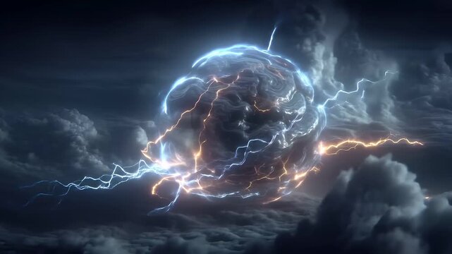 Fantasy wallpaper. A dramatic digital artwork depicts a large, swirling vortex of lightning against a backdrop of dark, stormy clouds. The vortex is illuminated by a radiant blue light.