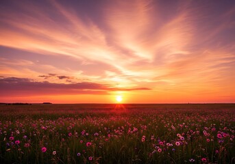 Obraz premium Stunning sunset over a vibrant field of blooming wild poppies.