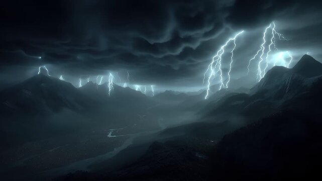 Fantasy wallpaper. A dramatic digital artwork depicts a mountainous landscape under a stormy sky. The sky is filled with dark, stormy clouds.