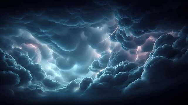 Fantasy wallpaper. A vivid digital artwork depicts a dramatic stormy scene. The sky is filled with swirling clouds, each illuminated by a bright flash of lightning. The clouds are a deep blue.