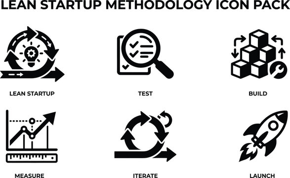 Lean startup methodology icon pack, business development process vector set, agile project management symbols for test build and launch