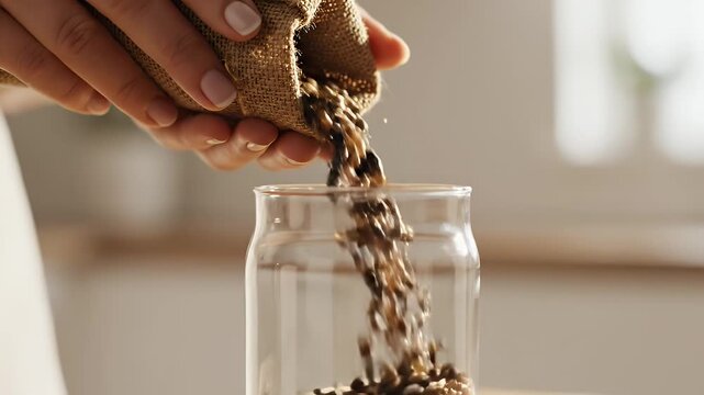 Hands Pouring Raw Seeds From Burlap Sack Into Glass Jar Close Up