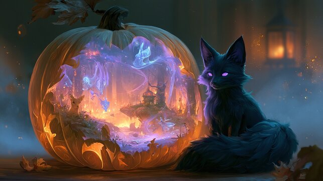 Fox with luminous tail curled protectively around carved pumpkin warm amber tones dominate scene cozy forest atmosphere festive harvest display