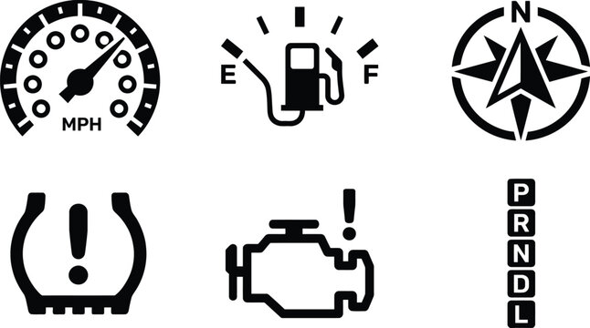 Automotive dashboard icons set, car instrument panel symbols including speedometer and fuel gauge, black vector engine and tire pressure warning signs