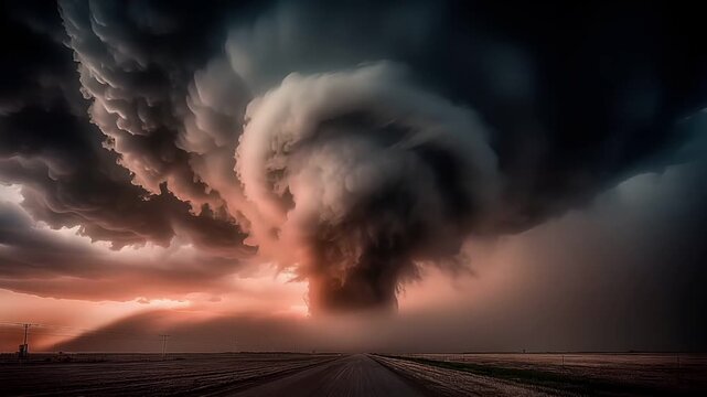 Tornado, twister, weather, natural disaster. A dramatic landscape photograph captures a large, swirling cloud formation over a vast, open field. The sky is a gradient of deep blues and purples.