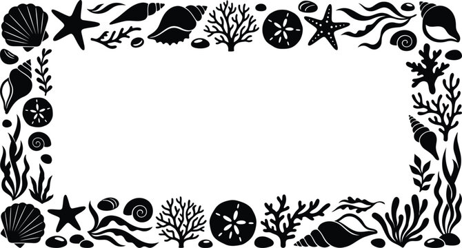 Seashells and Seaweed Ocean Border Frame Vector