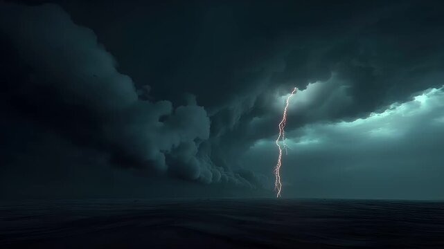 Fantasy wallpaper. A dramatic depiction of a stormy sky. The main subject is a large, dark, stormy cloud formation with a striking lightning bolt striking through it.