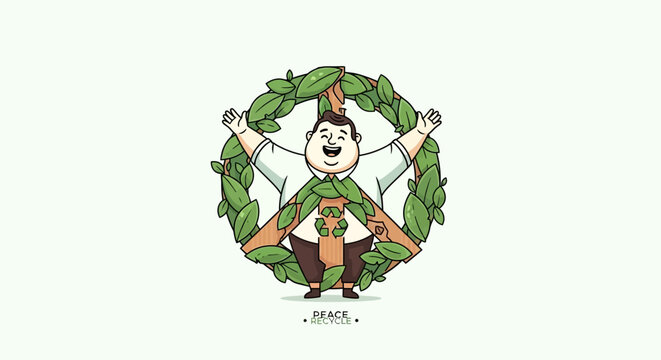 Happy man inside peace symbol with green leaves