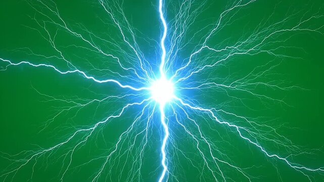 Powerful Blue Electrical Discharge and Lightning Arcs on Green Screen Background