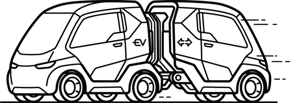 Futuristic electric modular shuttle vector, autonomous EV transport pod line art, modern urban mobility vehicle illustration for smart city logistics