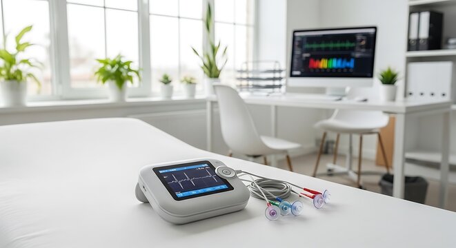 Medical ECG machine on examination table in modern clinic.