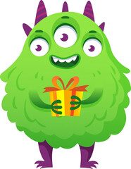 Fototapeta premium Green monster character holding a yellow gift box with ribbon