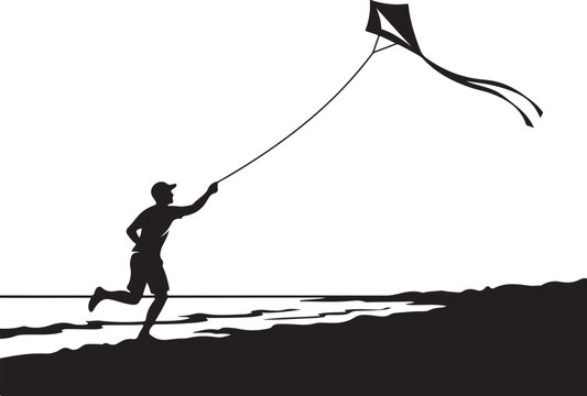 Black silhouette of a man running with a kite, vector illustration, recreational activity, outdoor fun