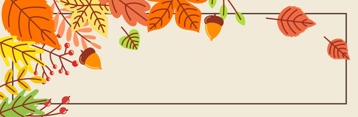 Colorful autumn leaves and acorns framing a blank space, representing seasonal designs © Tartila