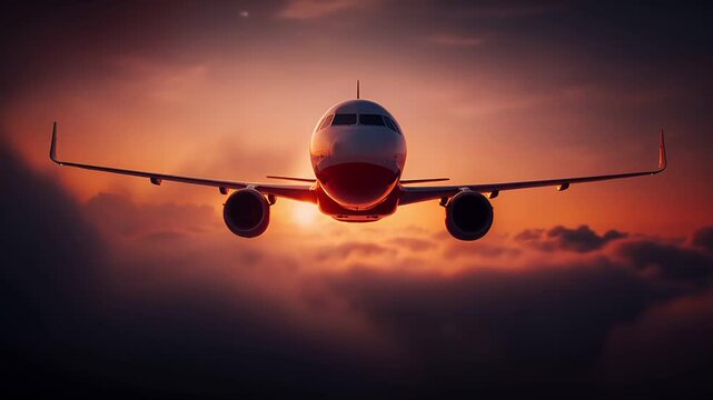 Travel trip journey. A vivid portrayal of an airplane soaring above the clouds during sunset. The sky is a gradient of warm oranges and reds, with the sun casting a golden glow over the scene.