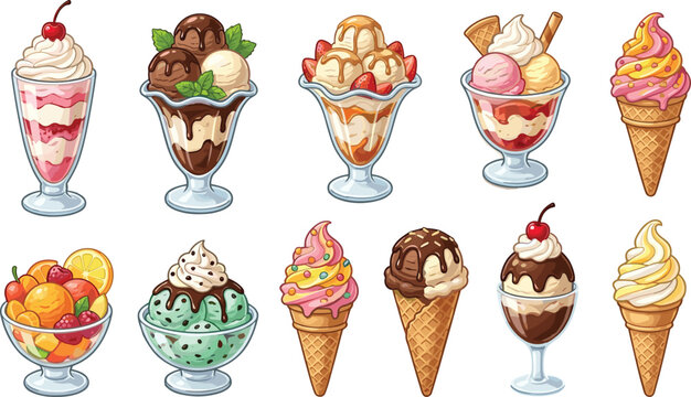 Ice Cream Sundae and Dessert Collection with Colorful Scoops, Waffle Cones, Fruit Parfaits, and Sweet Frozen Treat Illustrations