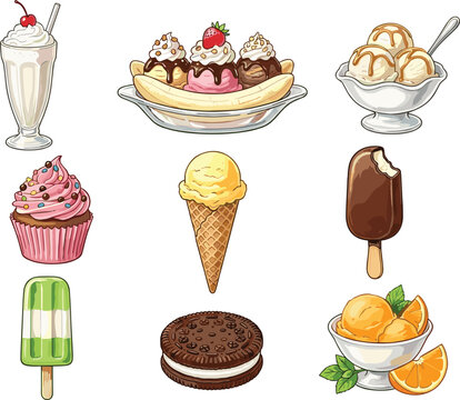 Ice Cream Dessert Collection with Milkshake, Banana Split, Sundae, Popsicle, Waffle Cone, and Sweet Frozen Treat Illustrations