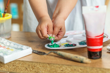 Child Squeezing Green Paint onto Palette During Creative Art Activity © Olha Tsiplyar