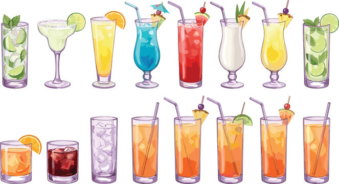 Watercolor Tropical Cocktail Collection with Colorful Mixed Drinks, Fruit Garnishes, Refreshing Beverages, and Summer Party Bar Illustrations