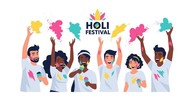 Diverse group of friends celebrating Holi festival with colorful powder.