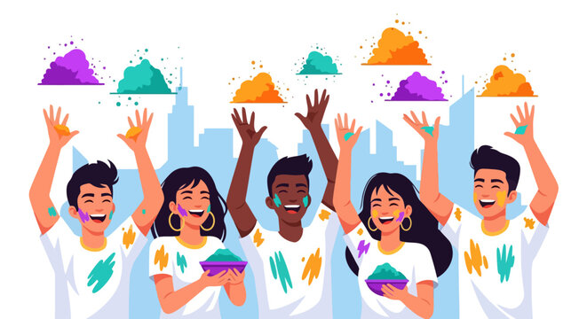 Diverse group of friends celebrating Holi festival with colorful powder.