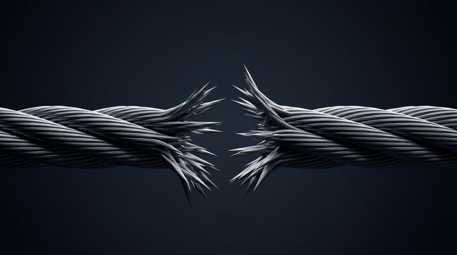 Fraying industrial steel suspension cable snapping under high tension, representing extreme corporate pressure and critical failure risk.