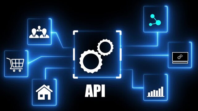 Application integration and API integration. Enterprise system with real-time data connectivity. Neon gear icons.
