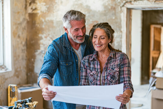 A mature couple examines blueprints while renovating a rustic, worn-down room with peeling walls and old windows, smiling and engaged in planning their home improvement.
