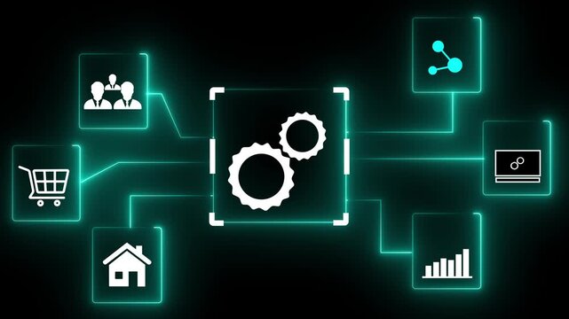 Application integration and API integration. Enterprise system with real-time data connectivity. Neon gear icons.
