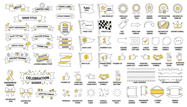 A collection of hand-drawn graphic elements including various ribbon banners, badges, flags, arrows, hand gestures, and decorative dividers, perfect for adding visual appeal to designs.