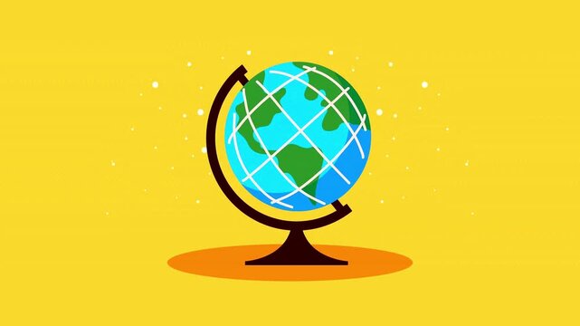 Geography globe model icon rotating against a flat orange background with tiny white dots.