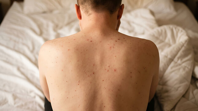 Young Man with Mild Back Acne Relaxing on Clean White Bedsheets Stock Photo