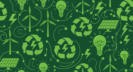 Seamless pattern of green energy and sustainability icons on dark background. © Faeyza