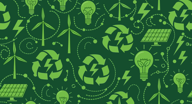 Seamless pattern of green energy and sustainability icons on dark background.