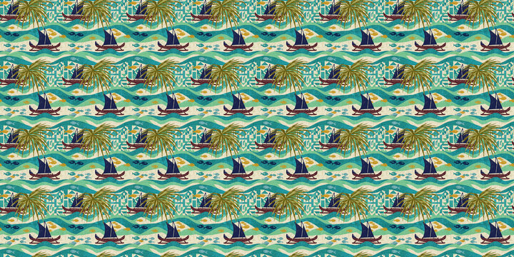 Tropical island and sailboat seamless pattern with palm trees and waves