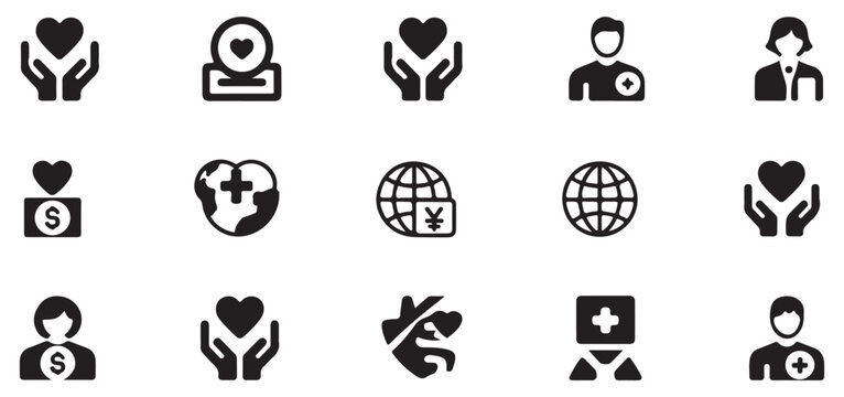 Collection of icons focusing on charitable giving global health support and social management.