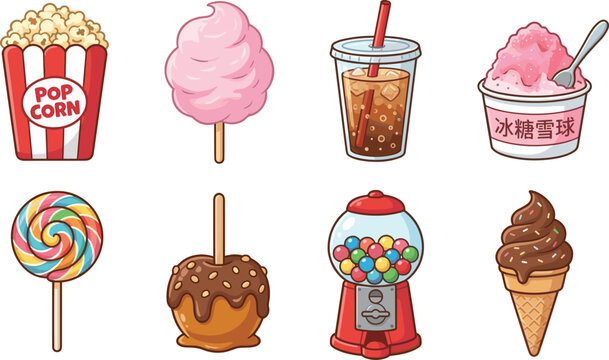 Sweet Snack Collection with Popcorn, Cotton Candy, Soda, Shaved Ice, Lollipops, Candy Apple, and Ice Cream Illustrations
