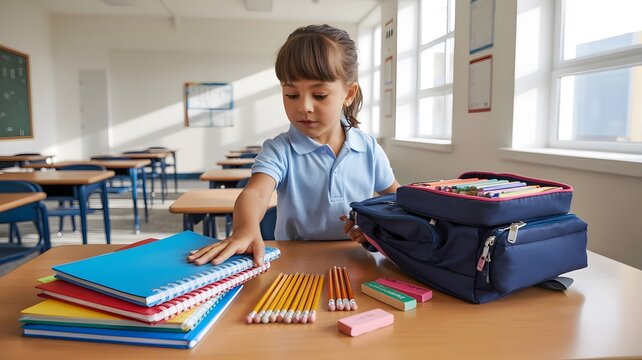 A realistic stock photo of an elementary school student organizing colorful school supplies on a cle
