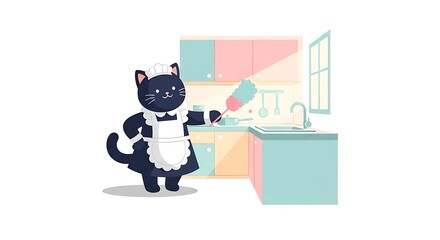 Fototapeta premium Animated black cat dressed as a maid, cleaning a pastel-colored kitchen with a feather duster. The sunny room includes a window and cabinets