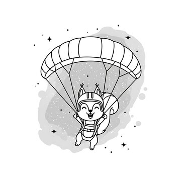 Animated black and white illustration of a squirrel paratrooper with a helmet and harness, descending with a parachute against a starry background