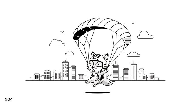 Animated fox mascot skydiving over a cityscape with tall buildings, clouds, and a parachute. Vector illustration with black outline